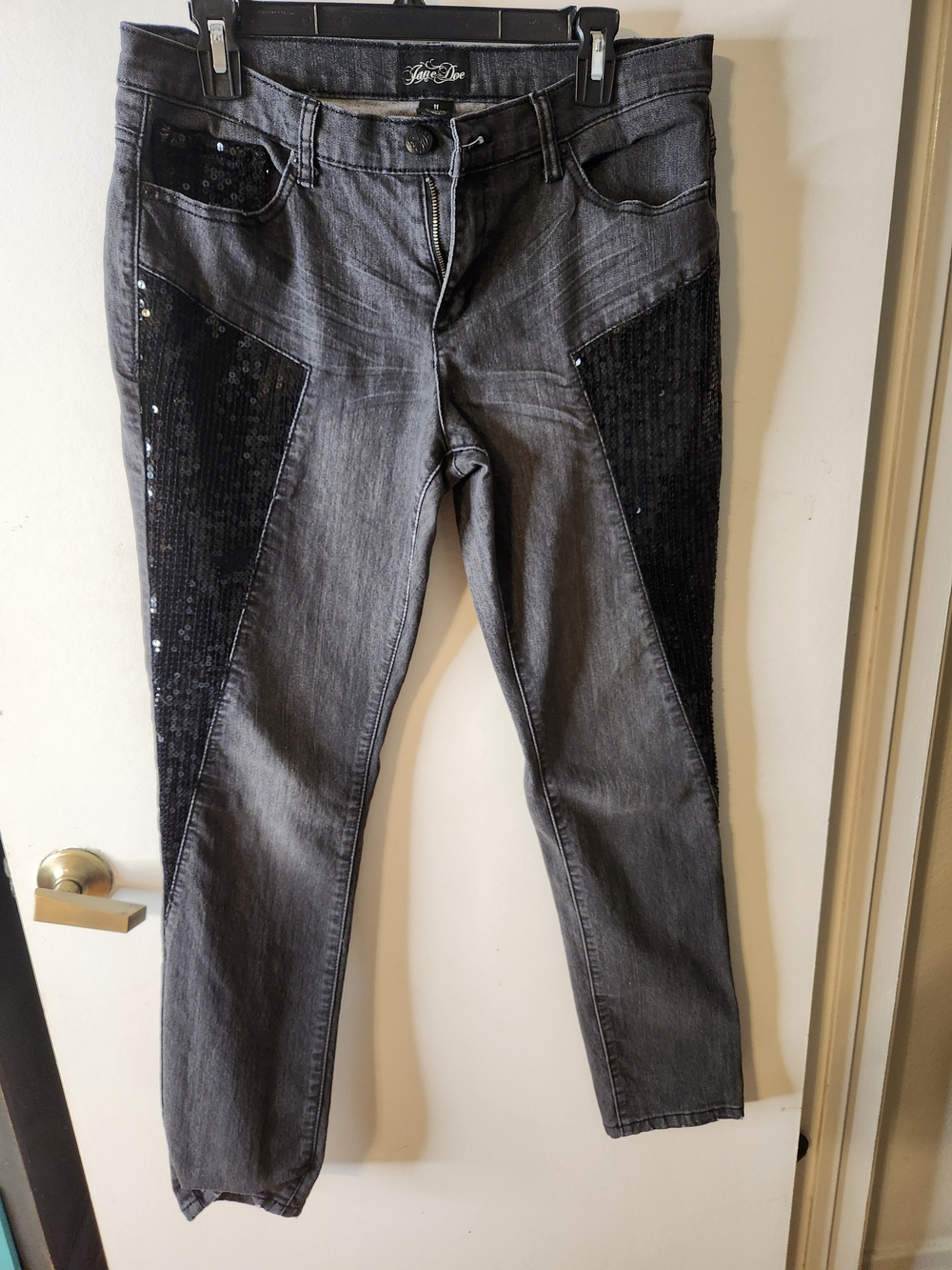 Gray Skinny Jeans with Black Sequin Panels